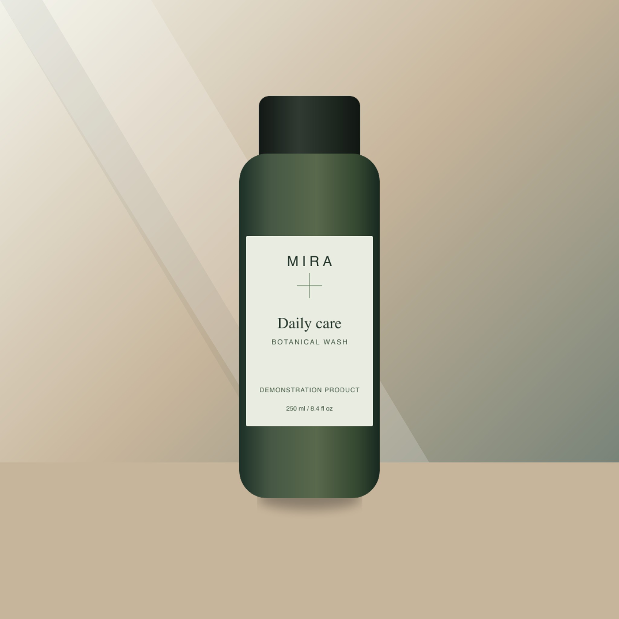 Illustrated demonstration bottle placed against a softly lit studio background